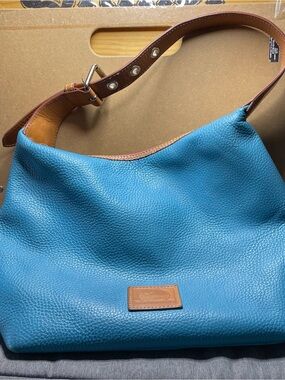 Dooney & Bourke Teal Pebbled Leather Shoulder Bag with Tan Strap